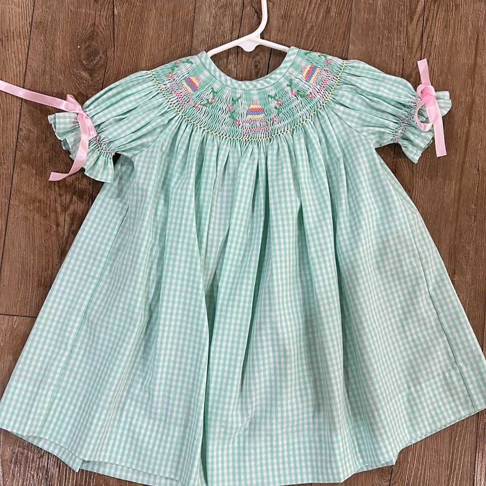 Green Gingham Smocked Dress with Pink Accents